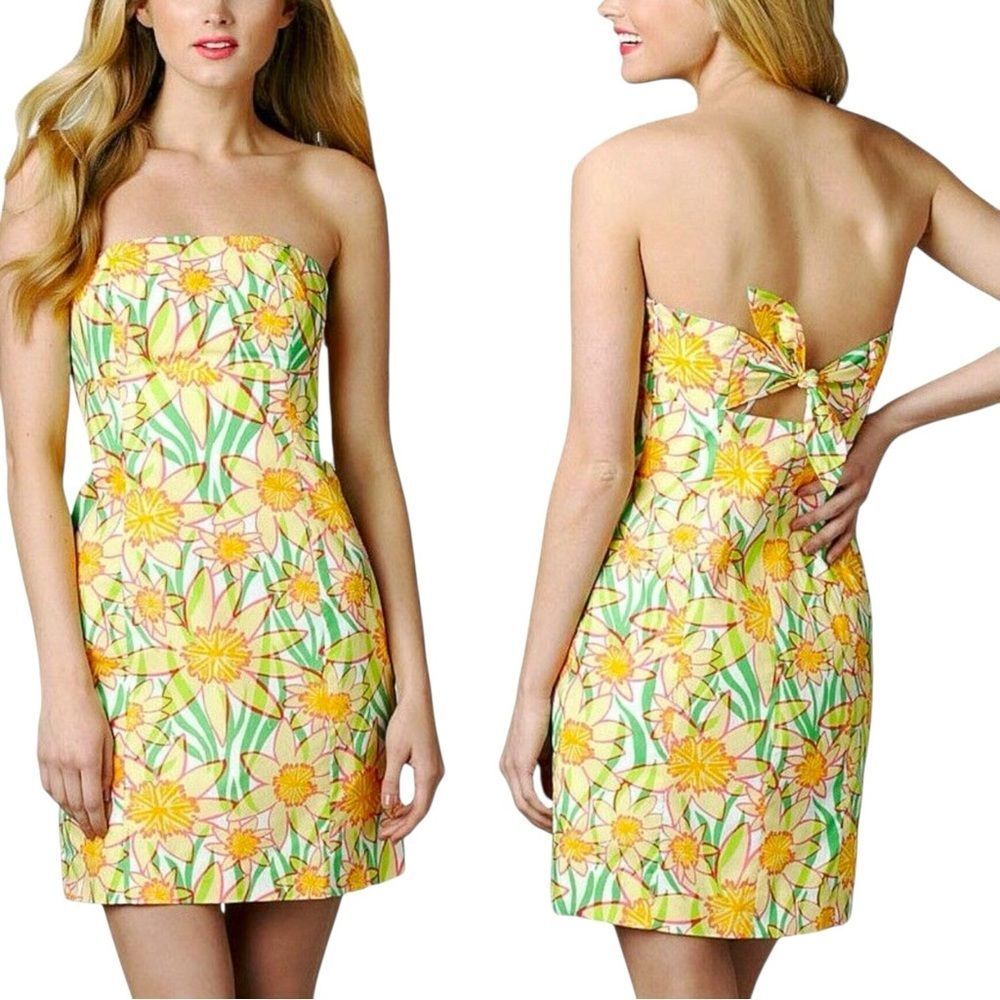 🟡 Lilly Pulitzer FRANCO DAFFIES Floral Poplin Tie Back Strapless Dress